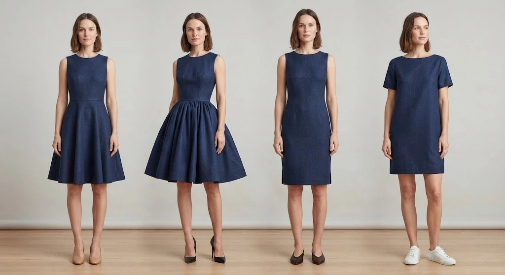 Comparison of A-line fit-and-flare sheath and shift dress silhouettes