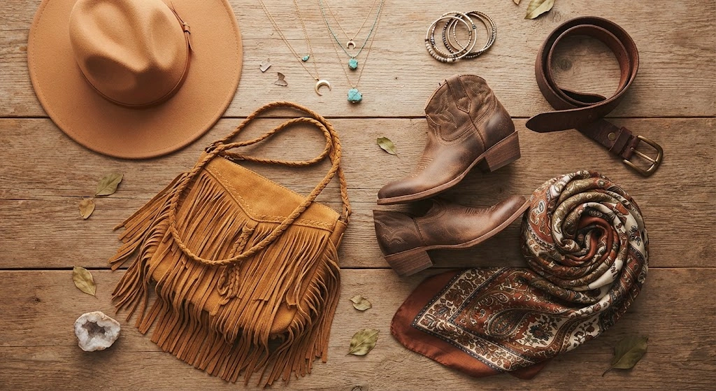 Boho chic accessories including suede boots fringed bag and scarf