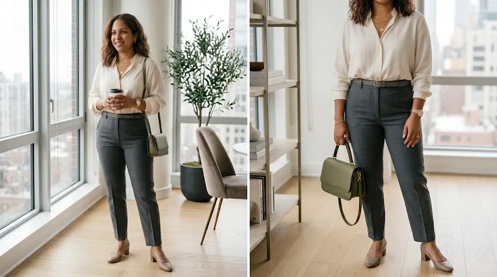 Petite woman wearing proportionate fashion accessories