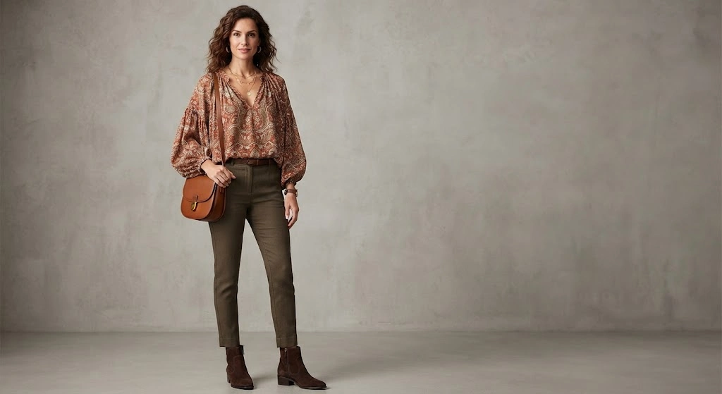 Boho chic outfit using an earthy anchor color and balanced proportions