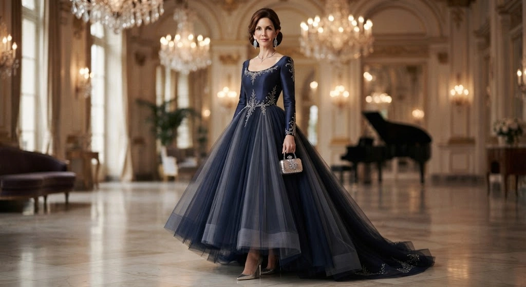 Woman wearing a formal ball gown with a full sweeping skirt