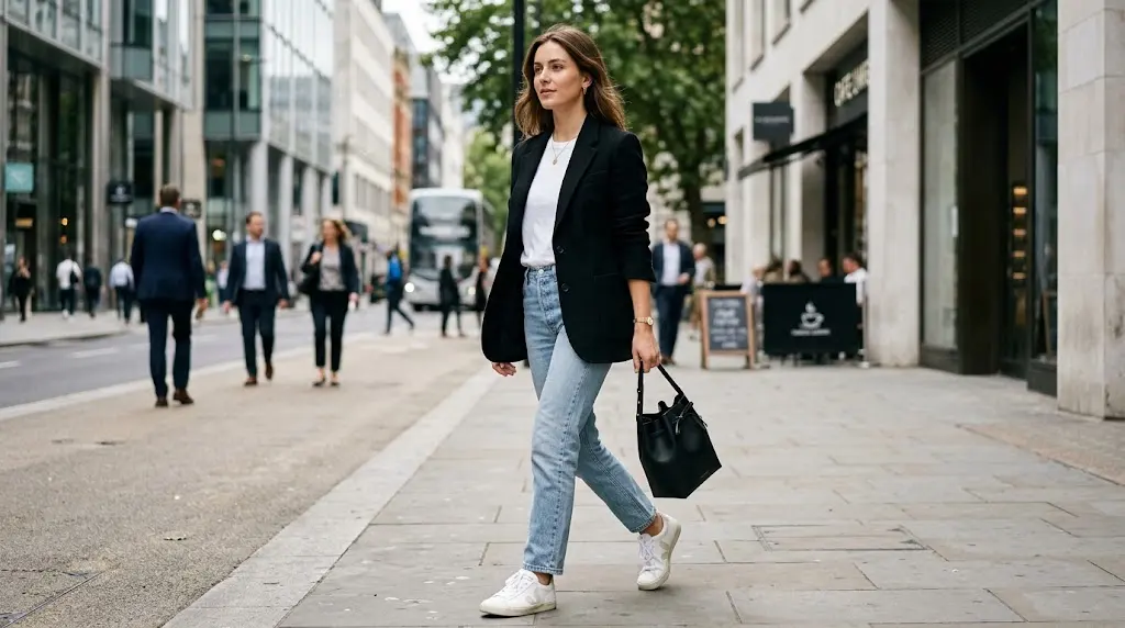 Black blazer outfit with jeans and white sneakers