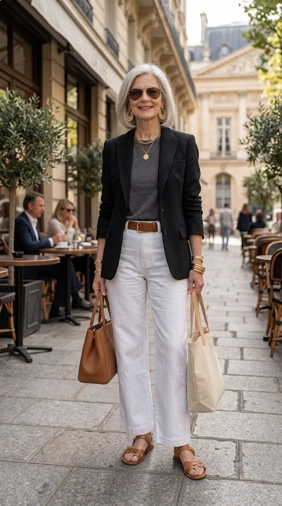 Black blazer and white wide-leg jeans outfit for women over 50