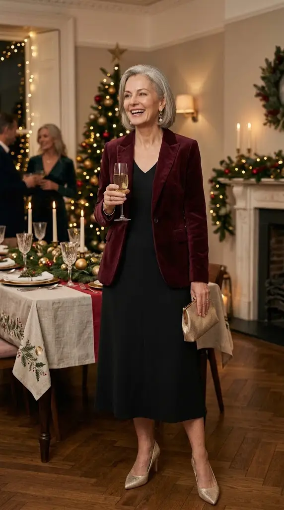 Black dress with velvet jacket and metallic shoes