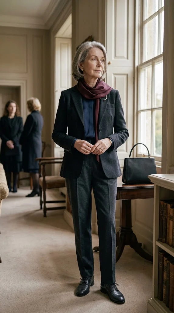 Woman over 50 wearing a navy and charcoal funeral outfit