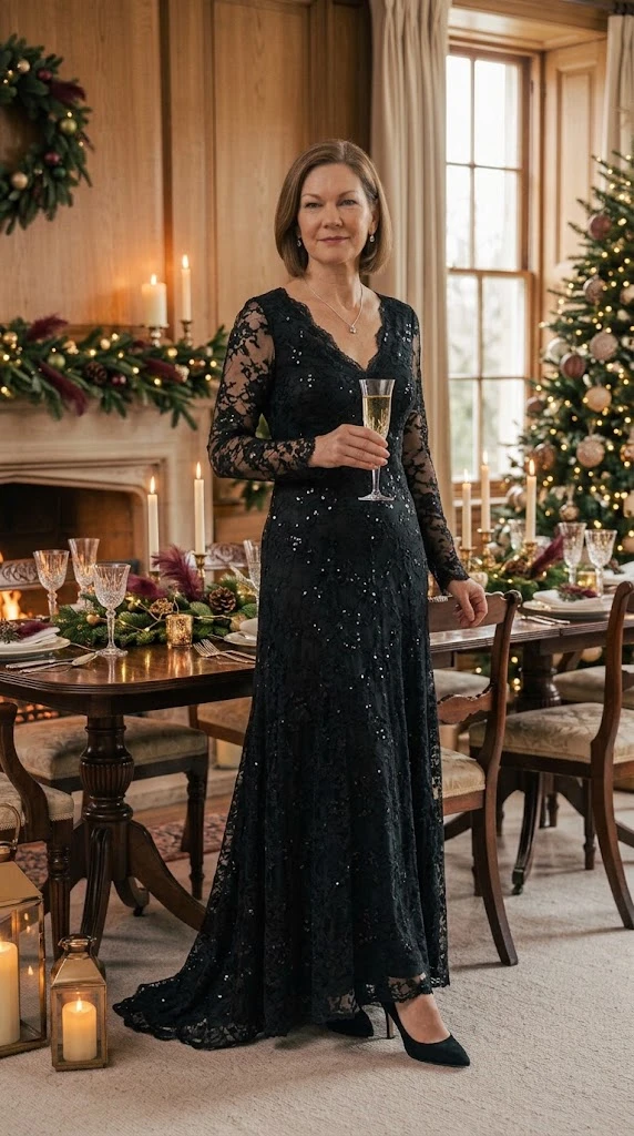 Black lace Christmas evening dress for women over 50