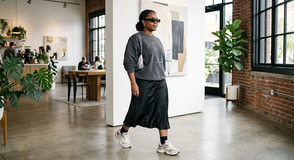 Plus size woman in satin midi skirt and oversized sweatshirt