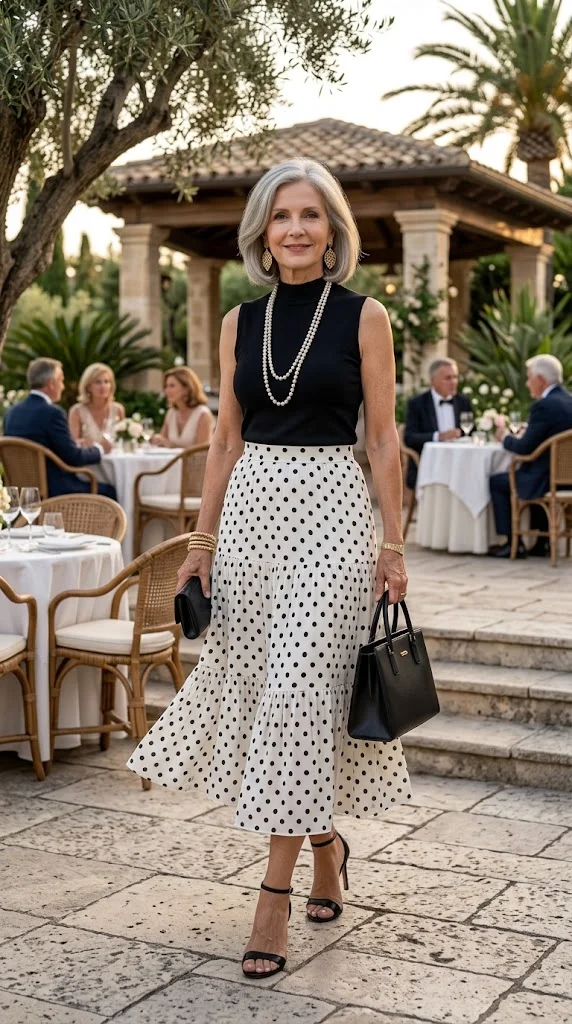 Black top and polka dot skirt outfit for women over 50