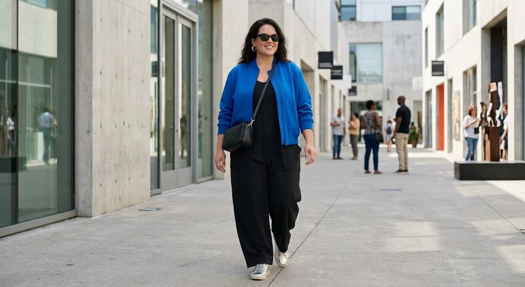 Plus size woman wearing black jumpsuit and cobalt bomber jacket