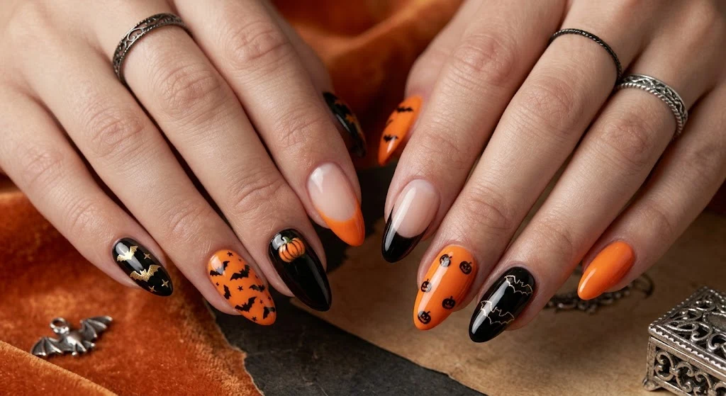 Black and orange Halloween nail designs with pumpkin and bat details