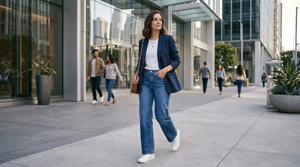 Blazer outfit styled with sneakers