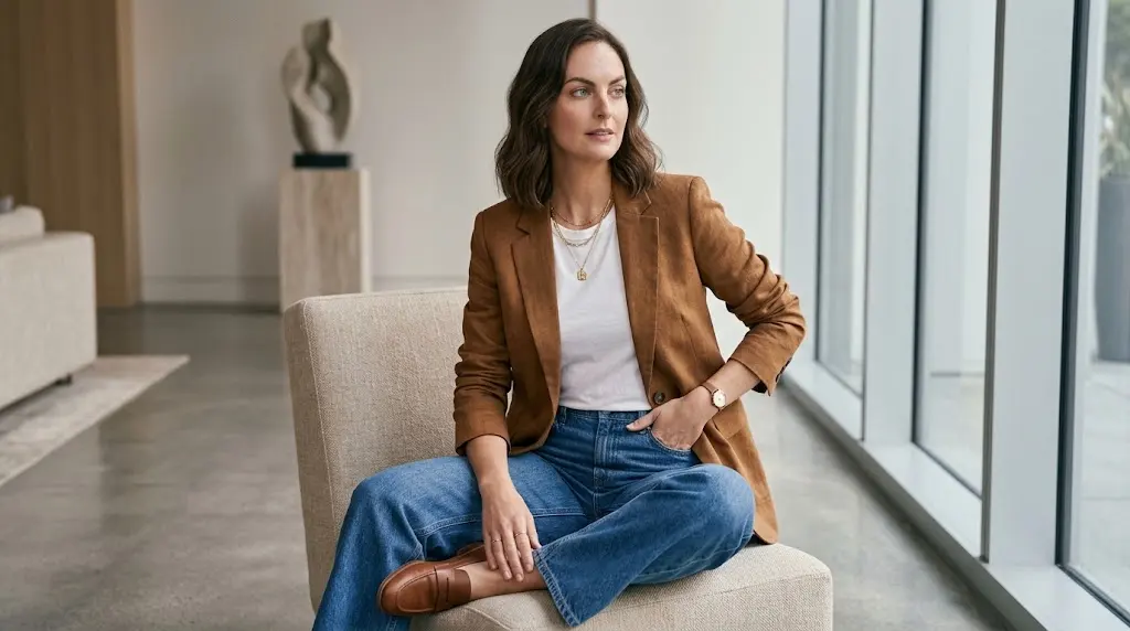 Brown blazer styled with a white T-shirt