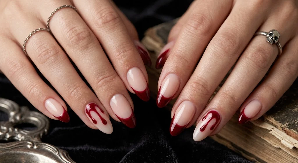 Halloween blood-drip nails with dark red French tips