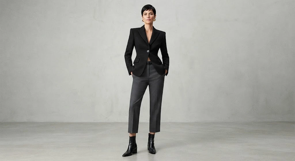 Flamboyant gamine body type showing a compact angular silhouette