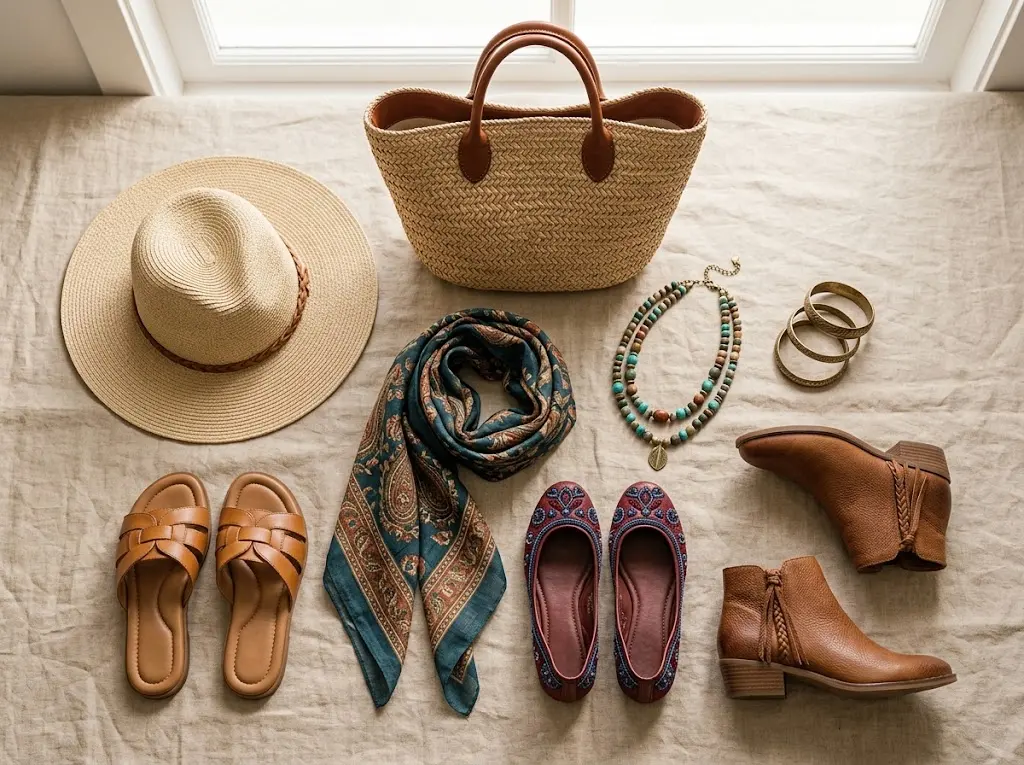 Bohemian accessories and comfortable footwear for older women
