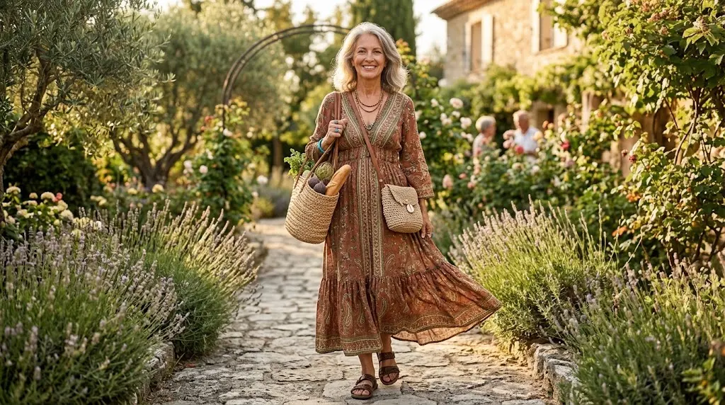 Older woman wearing a flowing bohemian maxi dress
