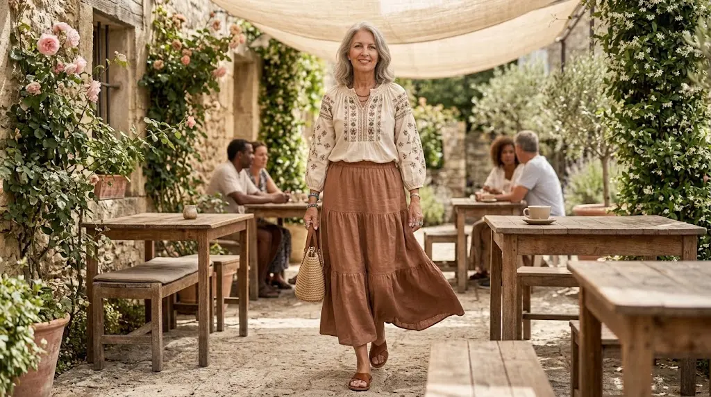 Older woman wearing a flowing bohemian maxi skirt