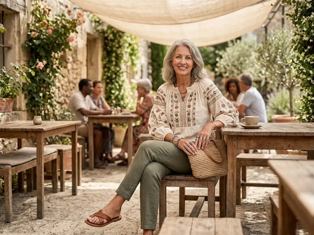 Embroidered bohemian blouse outfit for older women