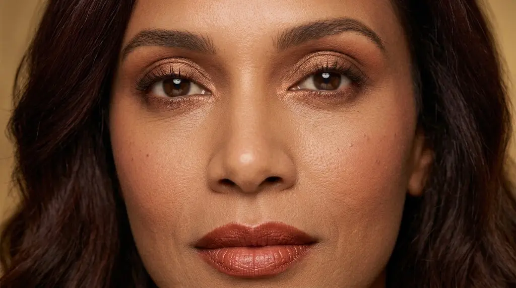Deep Autumn bold brick red lipstick look