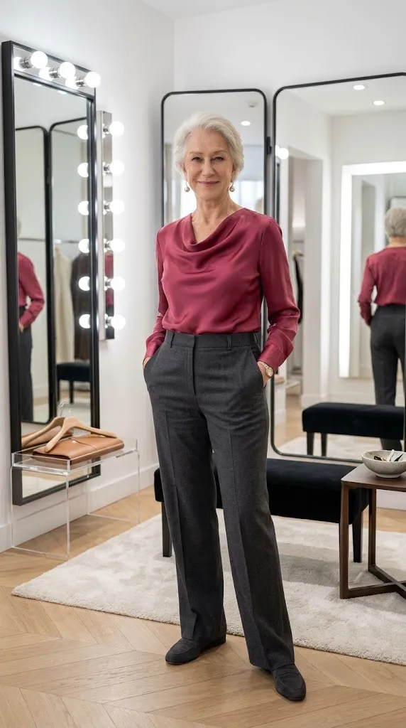 Woman over 50 styling a bold raspberry blouse with charcoal trousers