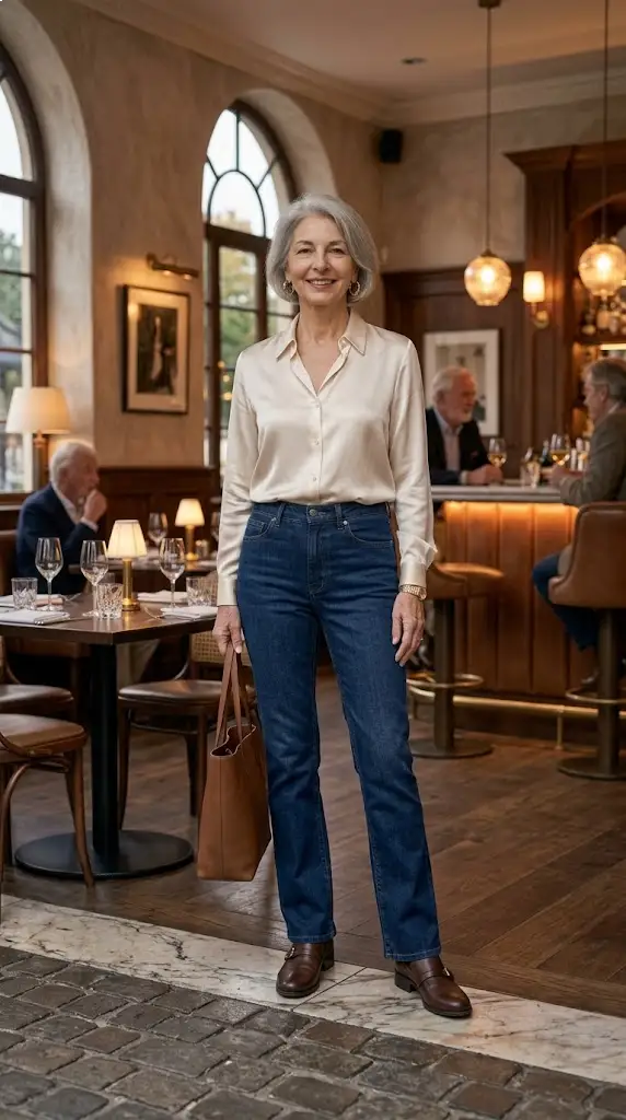 Bootcut jeans and silky blouse outfit for women over 50