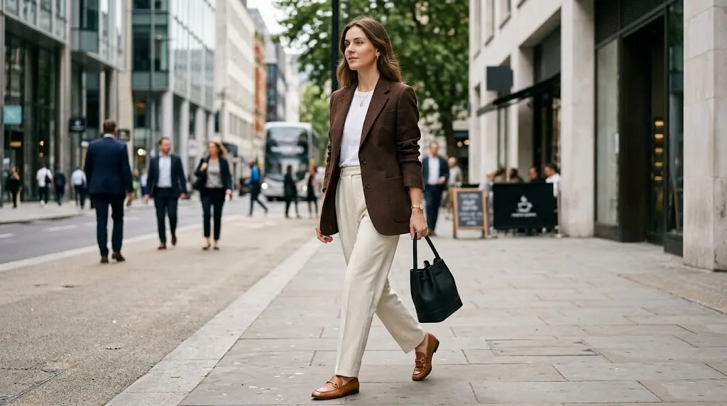 Brown blazer outfit with cream trousers
