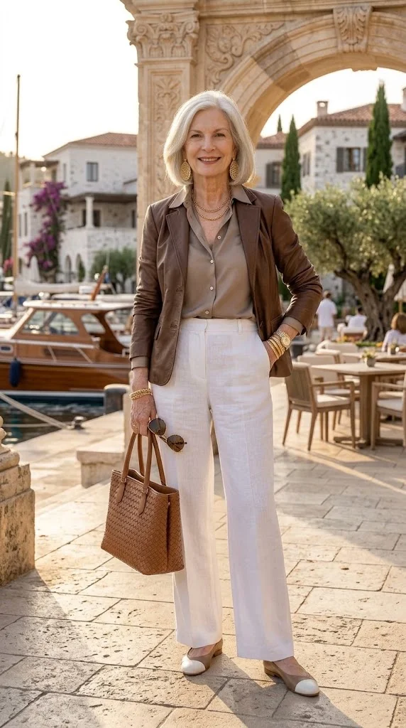 Brown leather jacket and white trousers outfit for women over 50