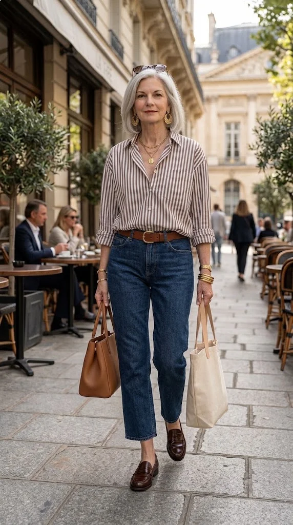 Brown striped shirt and dark denim outfit for women over 50