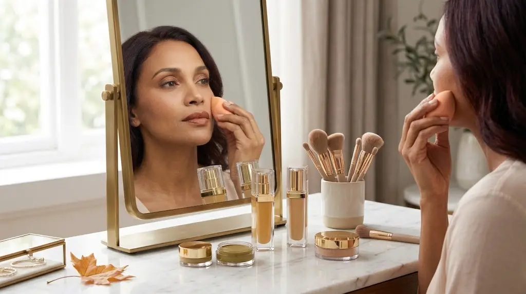 Applying a warm-toned makeup base for Deep Autumn coloring