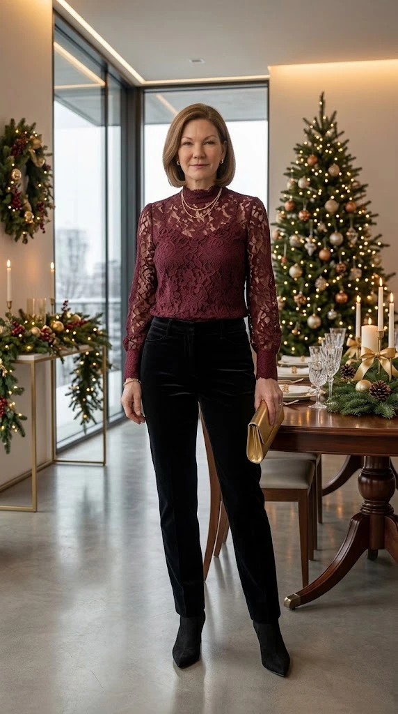 Burgundy lace blouse and velvet pants Christmas outfit