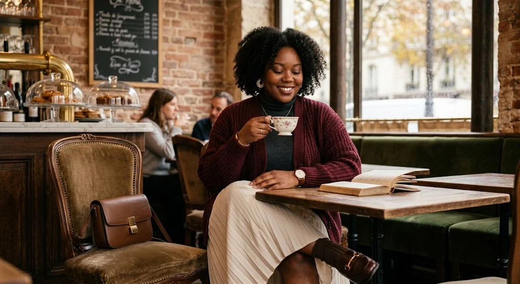 Plus size woman in burgundy cardigan and cream pleated midi skirt