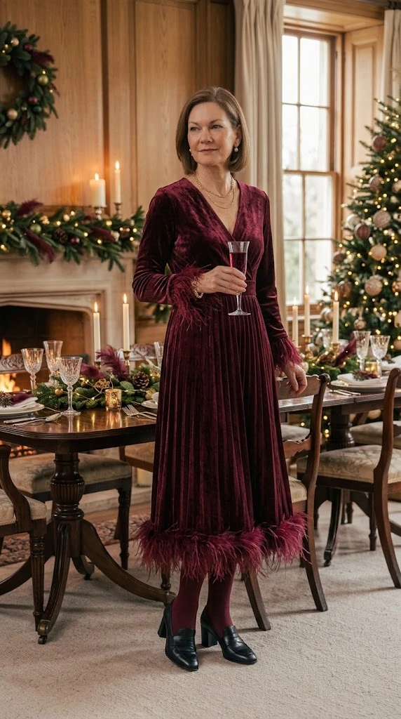 Burgundy velvet Christmas party dress for women over 50