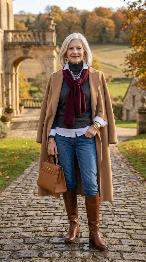 Camel coat and riding boots outfit for women over 50