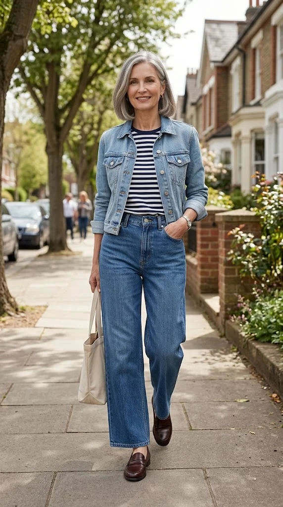 Casual wide-leg jeans outfit with striped tee and cropped jacket