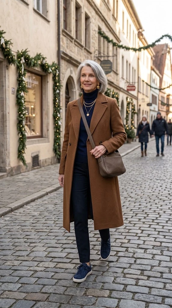 Woman over 50 wearing a brown coat and navy holiday outfit