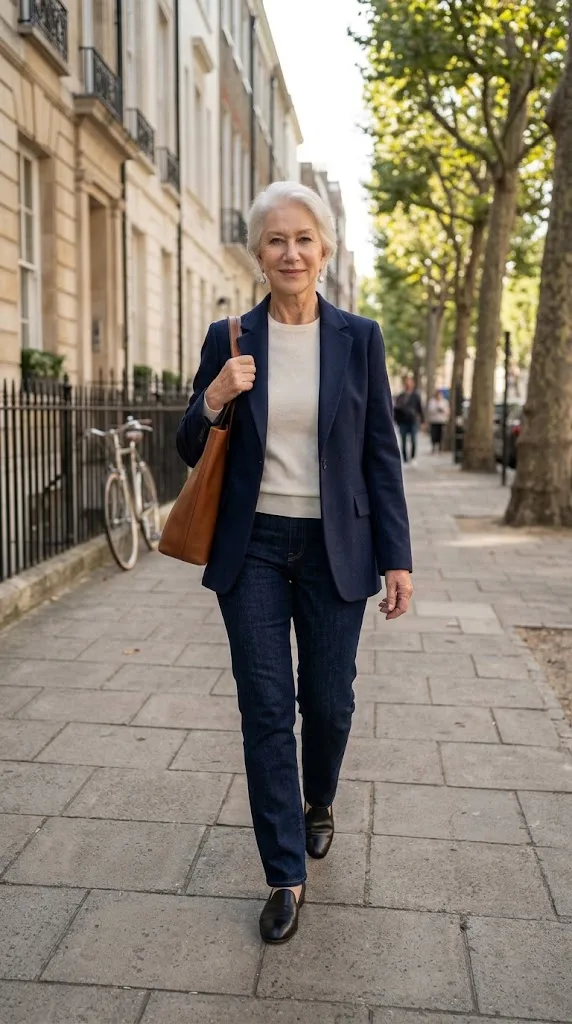 Everyday celebrity-inspired outfit with a navy blazer and jeans for women over 50