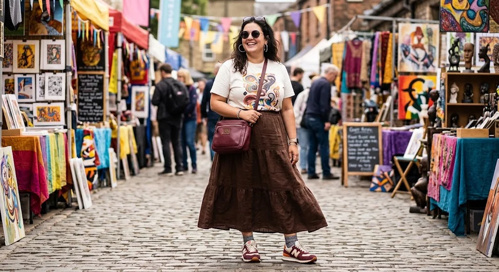 Plus size woman wearing chocolate maxi skirt and graphic tee