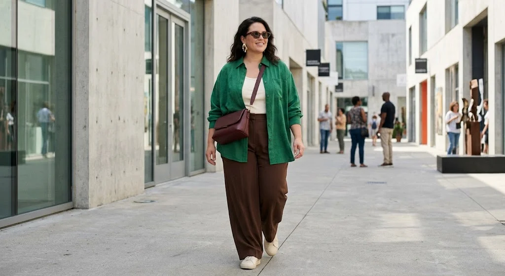Plus size woman in chocolate trousers and emerald oversized shirt