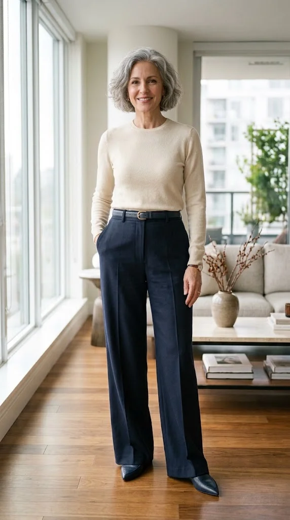 Well-fitting high-rise wide-leg trousers on a woman over 50