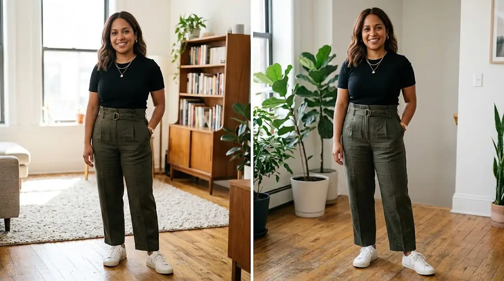 Petite curvy woman wearing a tucked top with high-rise trousers