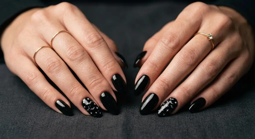 Glossy black Halloween nails with tiny bats and stars