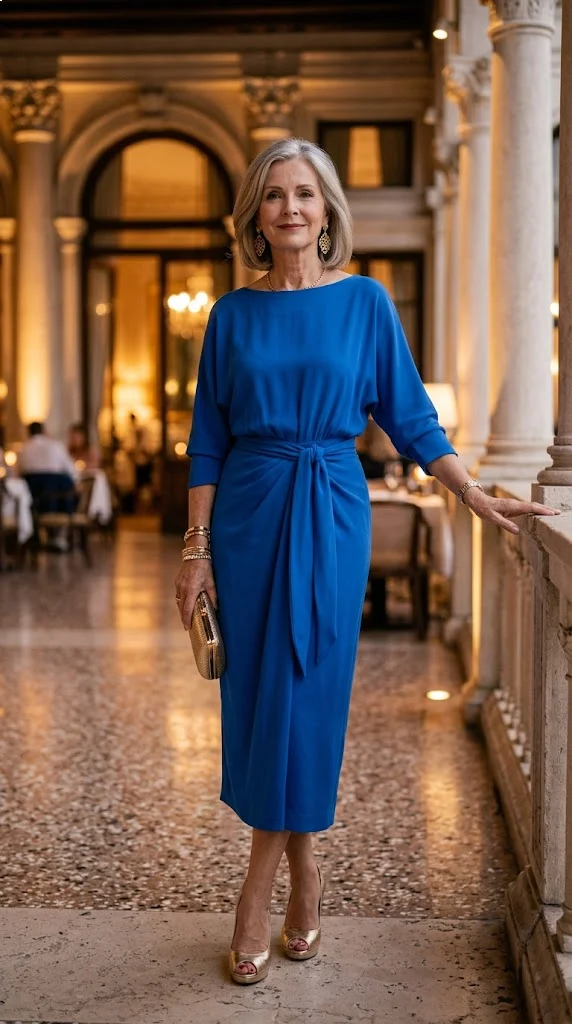 Cobalt blue draped midi dress outfit for women over 50