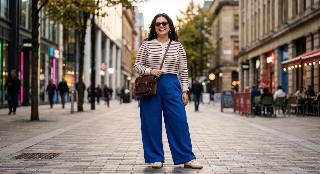Plus size woman in cobalt wide-leg trousers and striped cardigan
