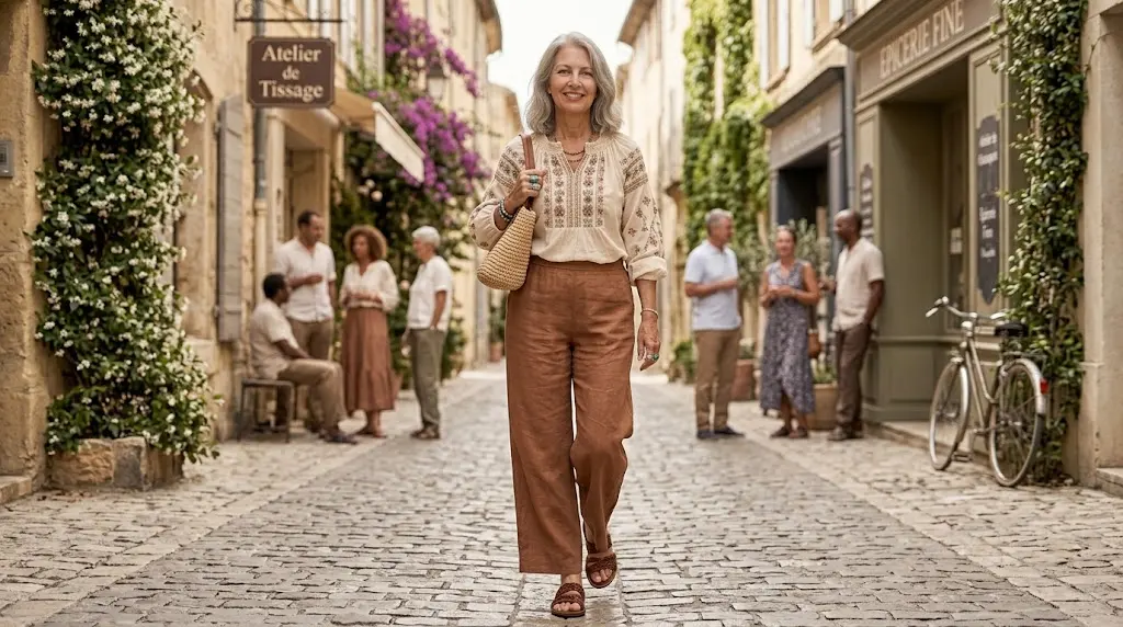 Wide-leg linen pants outfit for older women