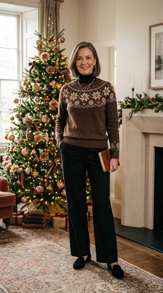 Cozy Christmas sweater outfit for women over 50