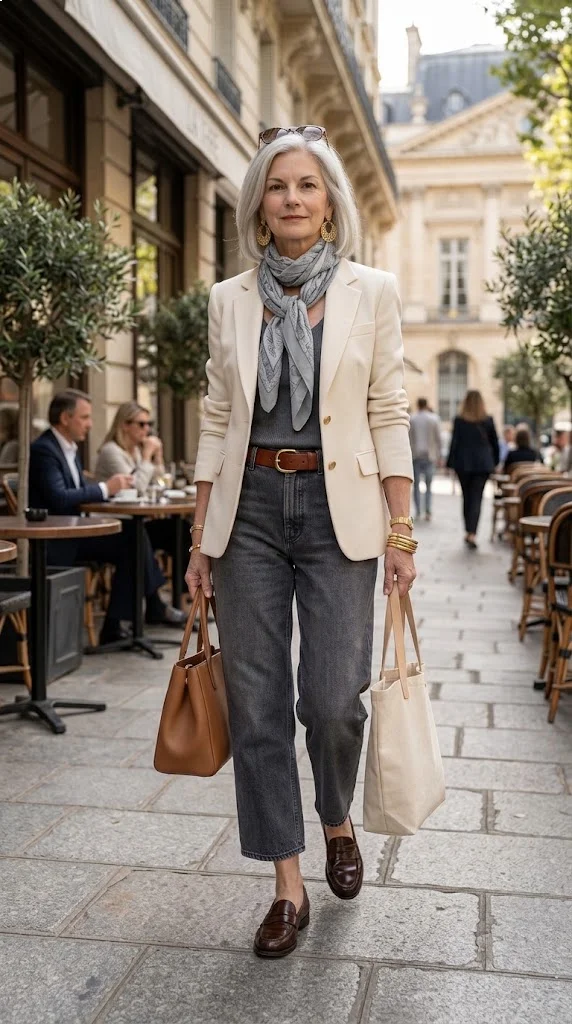 Cream blazer and gray denim outfit for women over 50