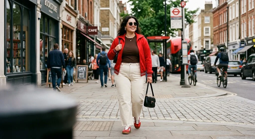 Plus size woman in cream wide-leg jeans and red track jacket