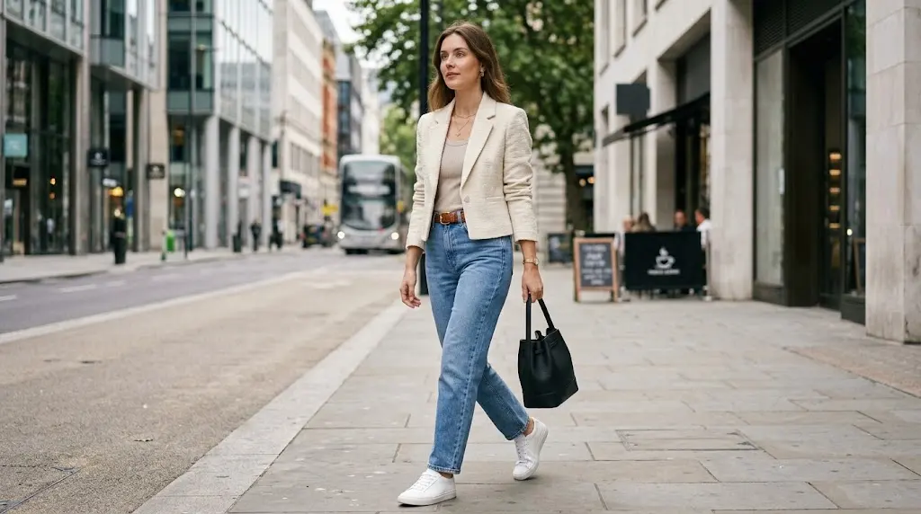 Cropped blazer with high-waisted jeans