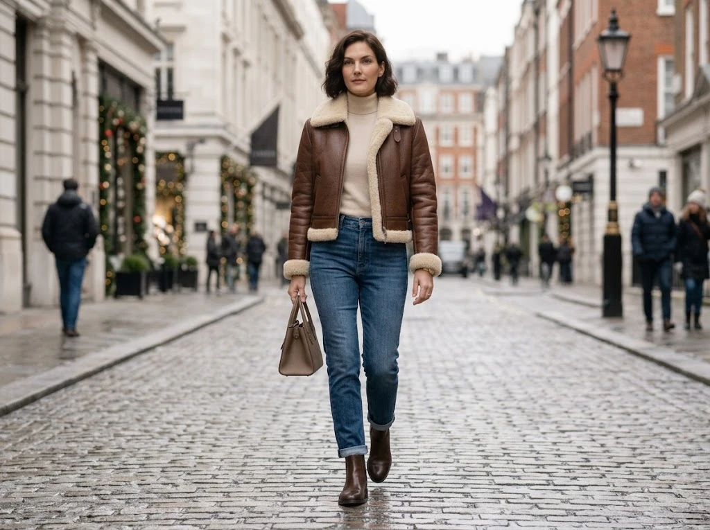 Cropped shearling jacket styled with denim and ankle boots