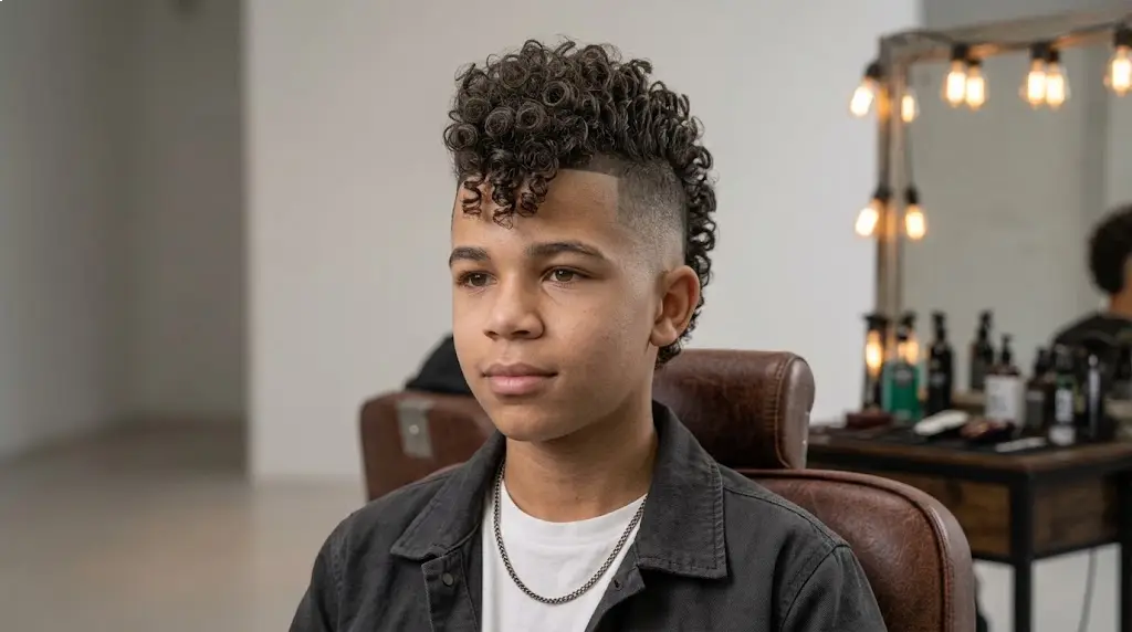 Curly mohawk fade haircut for a mixed teen boy